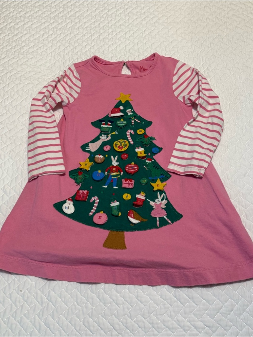 Mini Boden Pink & Green Christmas Tree Applique Dress